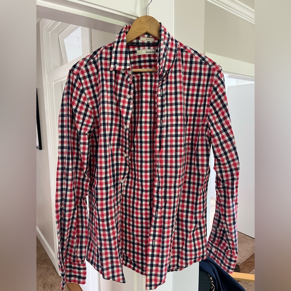 Red and Blue Casual Button Down Shirt with Classic Check Pattern